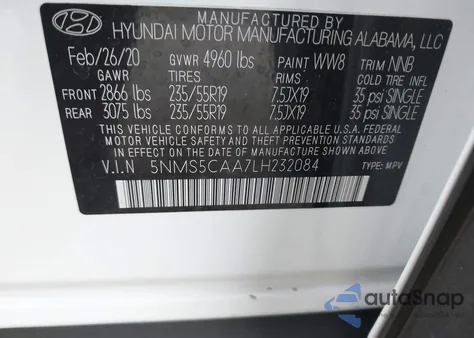 2020 Hyundai Santa Fe Limited 2.0T из США, поврежденный, VIN 5NMS5CAA7LH232084